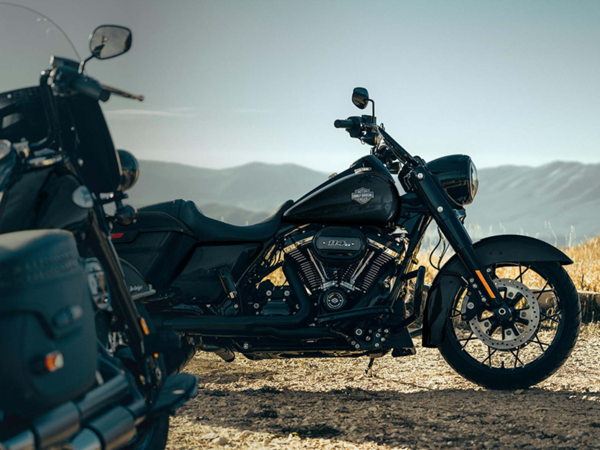 A side profile of a Harley-Davidson.