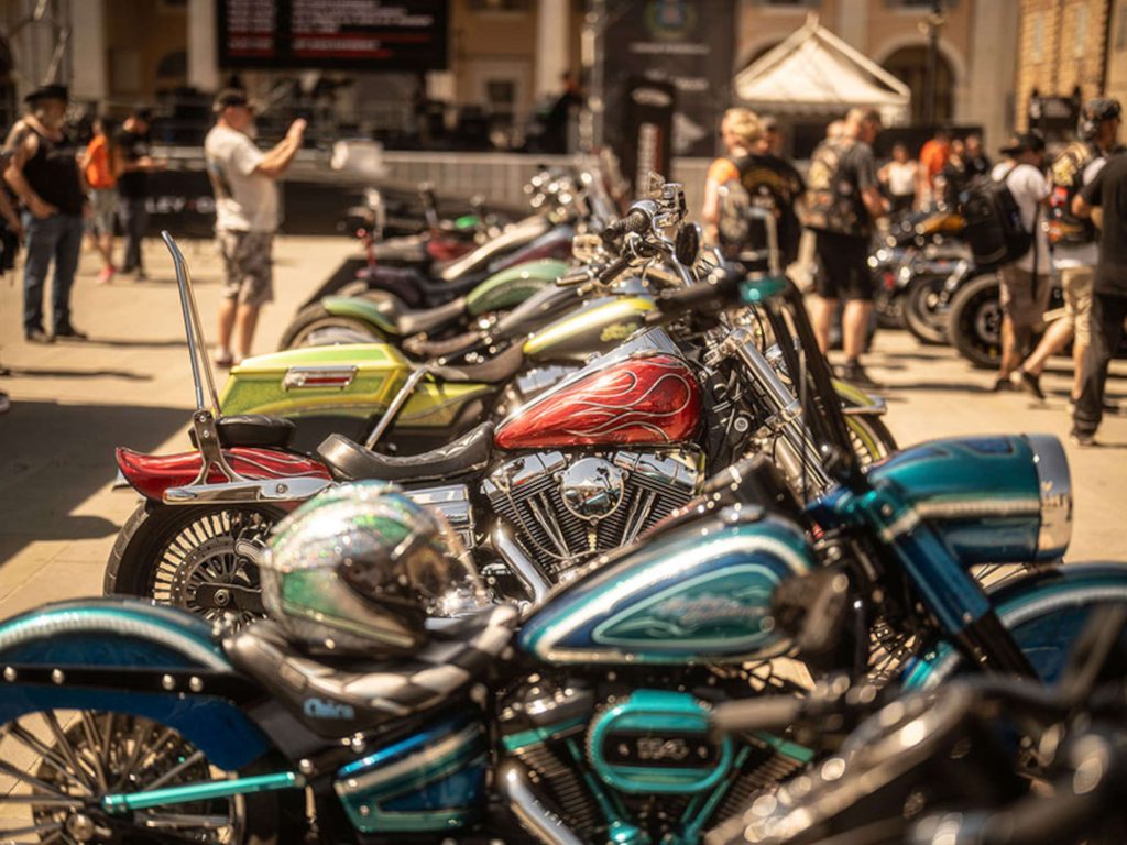 A row of Harley-Davidson bikes.