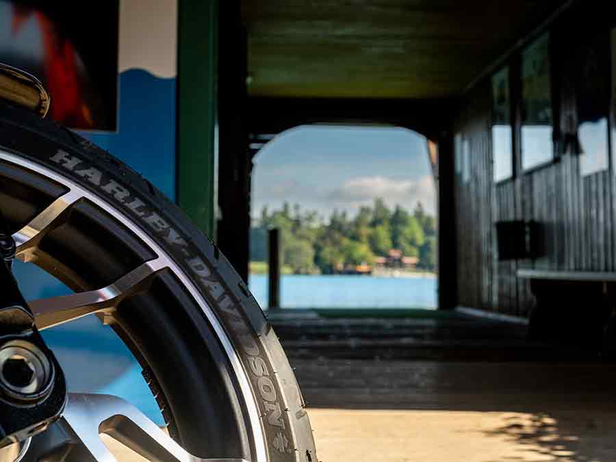 A close-up of a Harley-Davidson tyre.