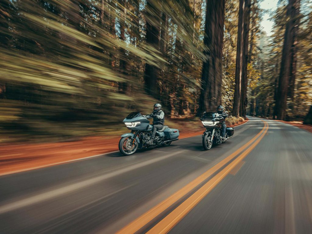 2 people riding Harley-Davidson bikes.